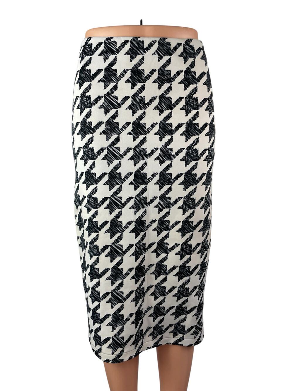 H&M Women's Black White Houndstooth Check High Waist Pencil Midi Skirt Size S